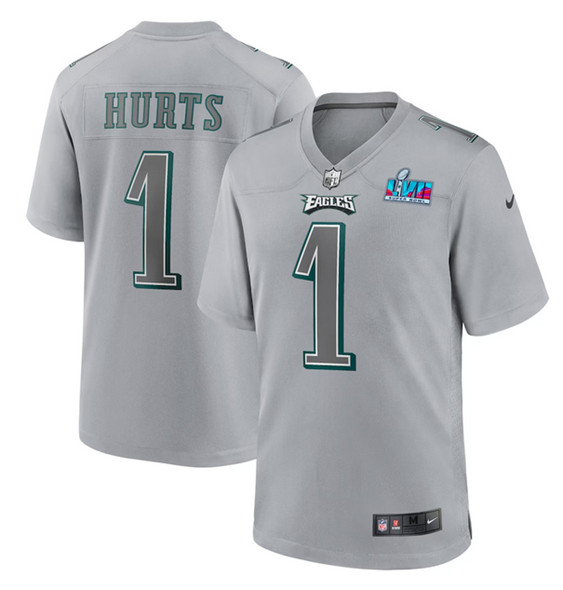 Men's Philadelphia Eagles #1 Jalen Hurts Gray Super Bowl LVII Patch Atmosphere Fashion Stitched Game Jersey - Click Image to Close